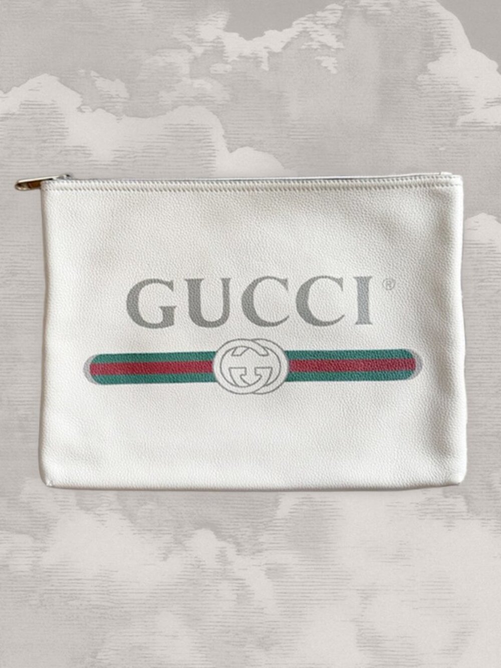 GUCCI 12"x9" Clutch Retro Logo Portfolio Large Pouch White Beige Bag Handbag